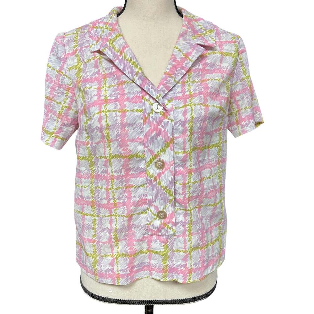 vintage 1970s women's short sleeve plaid button down top pink green small